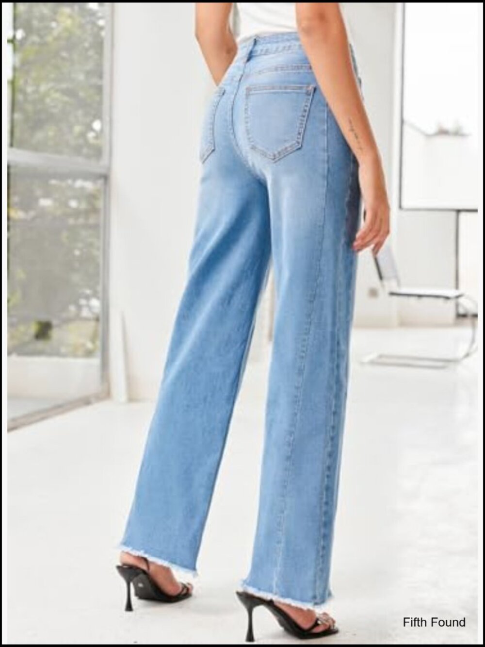 High Waisted Wide Leg Jeans Raw Hem Stretchy Denim Pants - Picture 4 of 6